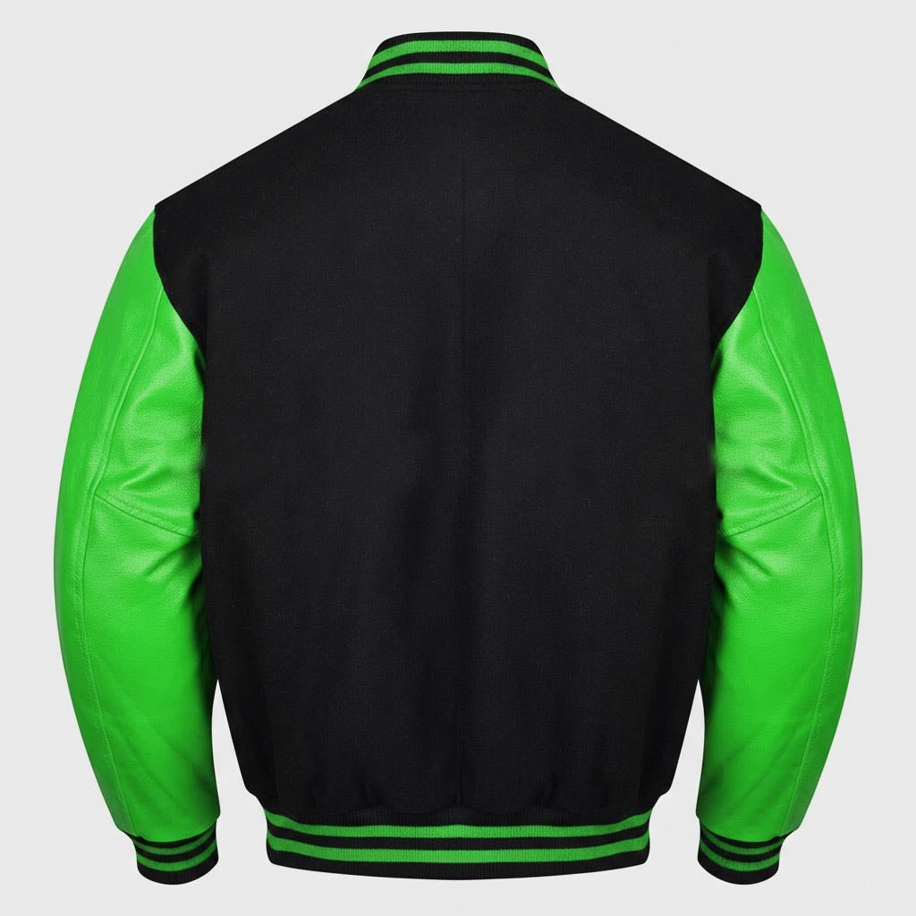 black body parrot green leather sleeves varsity jacket men