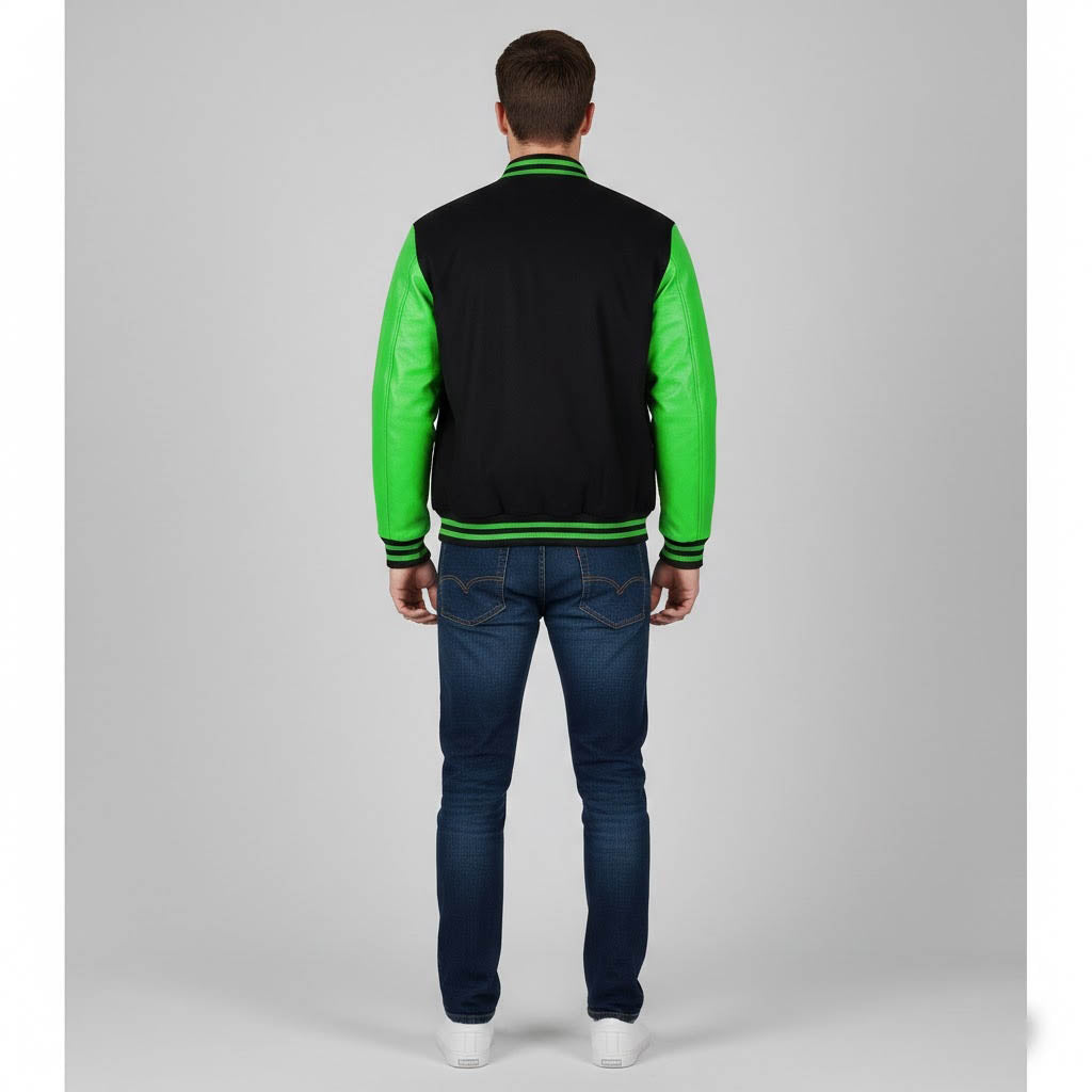 black body parrot green leather sleeves varsity jacket men