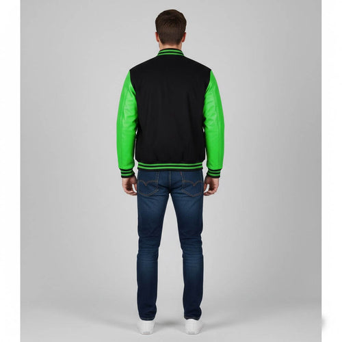 black body parrot green leather sleeves varsity jacket men