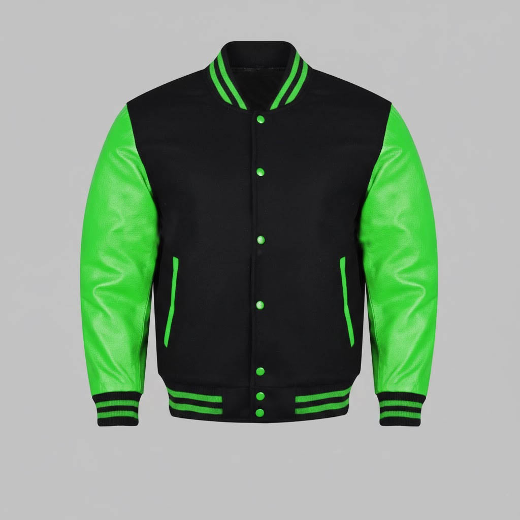 black body parrot green leather sleeves varsity jacket men