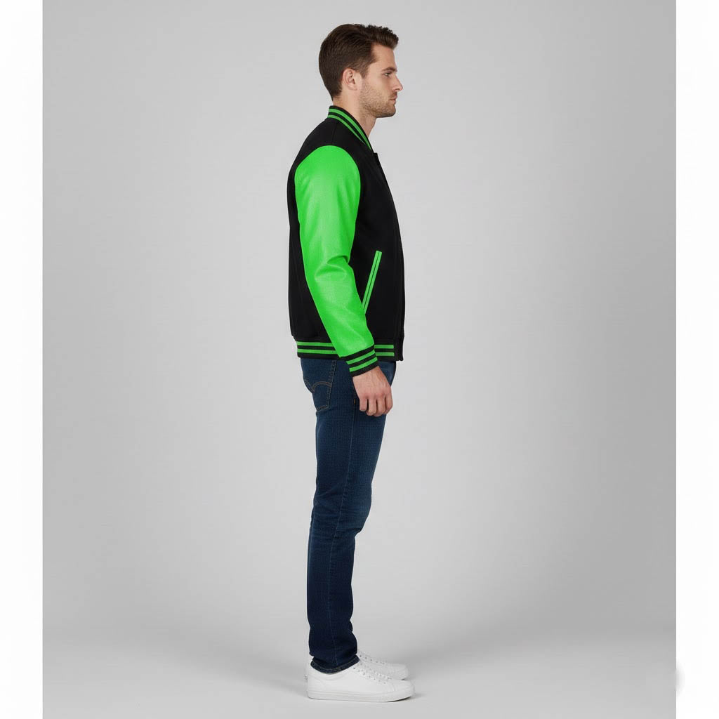 black body parrot green leather sleeves varsity jacket men