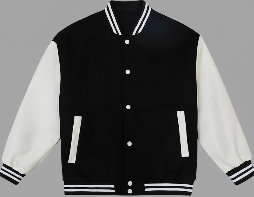Men’s Black Varsity Jacket with White Leather Sleeves