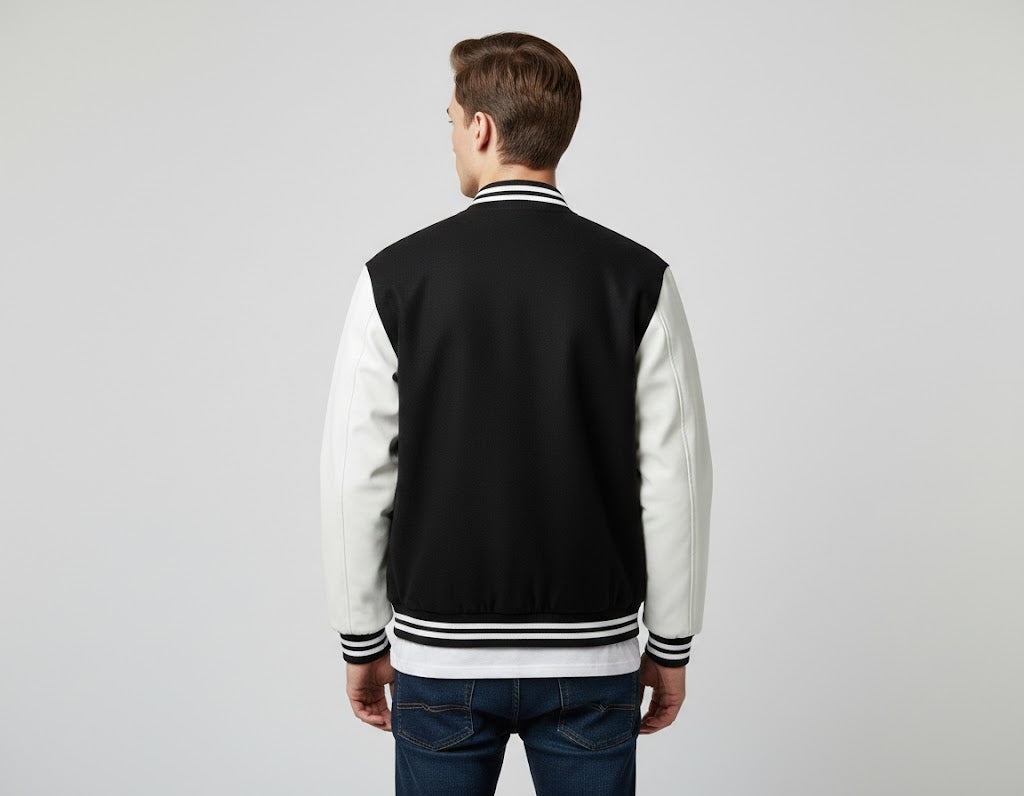 Men’s Black Varsity Jacket with White Leather Sleeves
