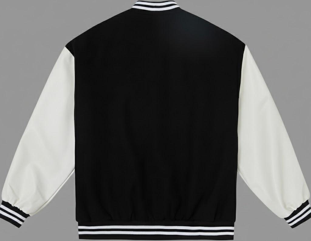 Men’s Black Varsity Jacket with White Leather Sleeves