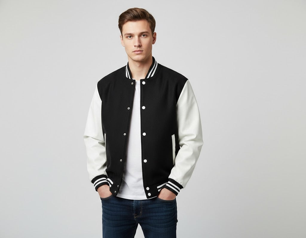 Men’s Black Varsity Jacket with White Leather Sleeves