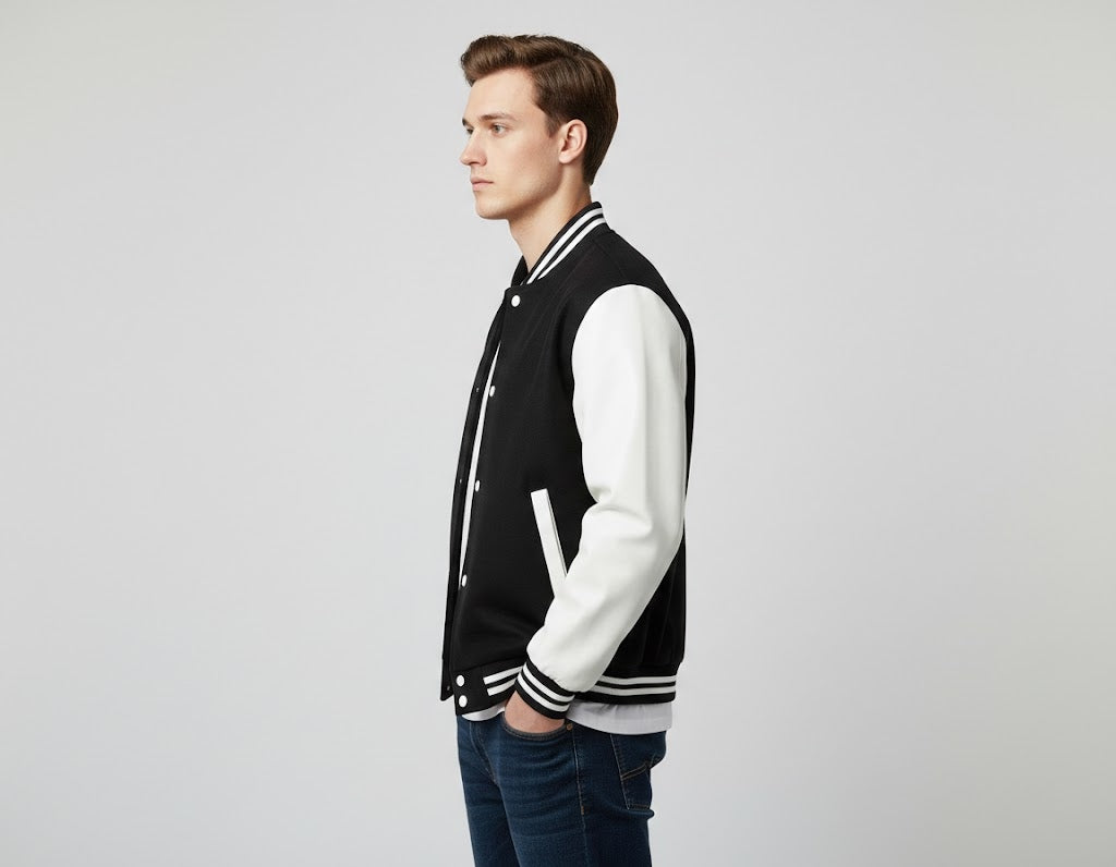 Men’s Black Varsity Jacket with White Leather Sleeves