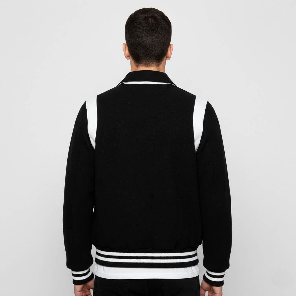 black leather varsity jacket