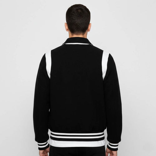 black leather varsity jacket