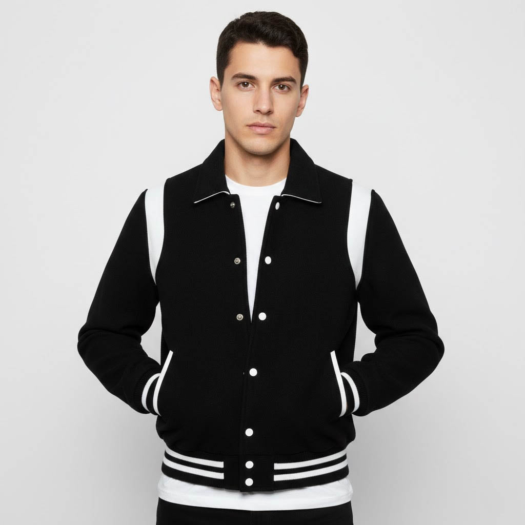 black leather varsity jacket