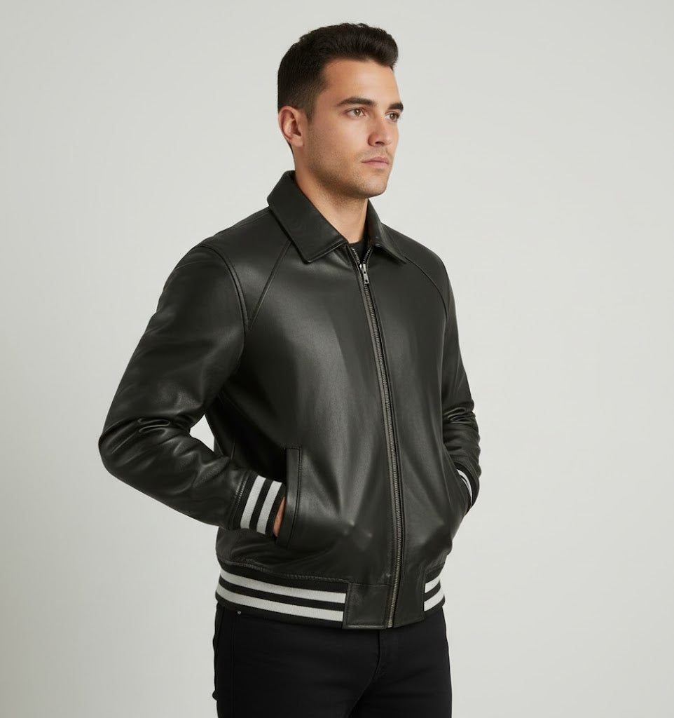 Men’s Black Leather Varsity Jacket