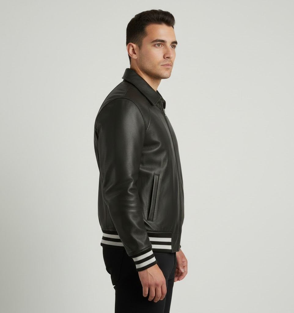 Men’s Black Leather Varsity Jacket