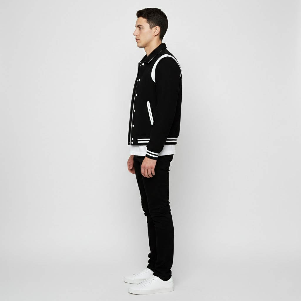 black leather varsity jacket