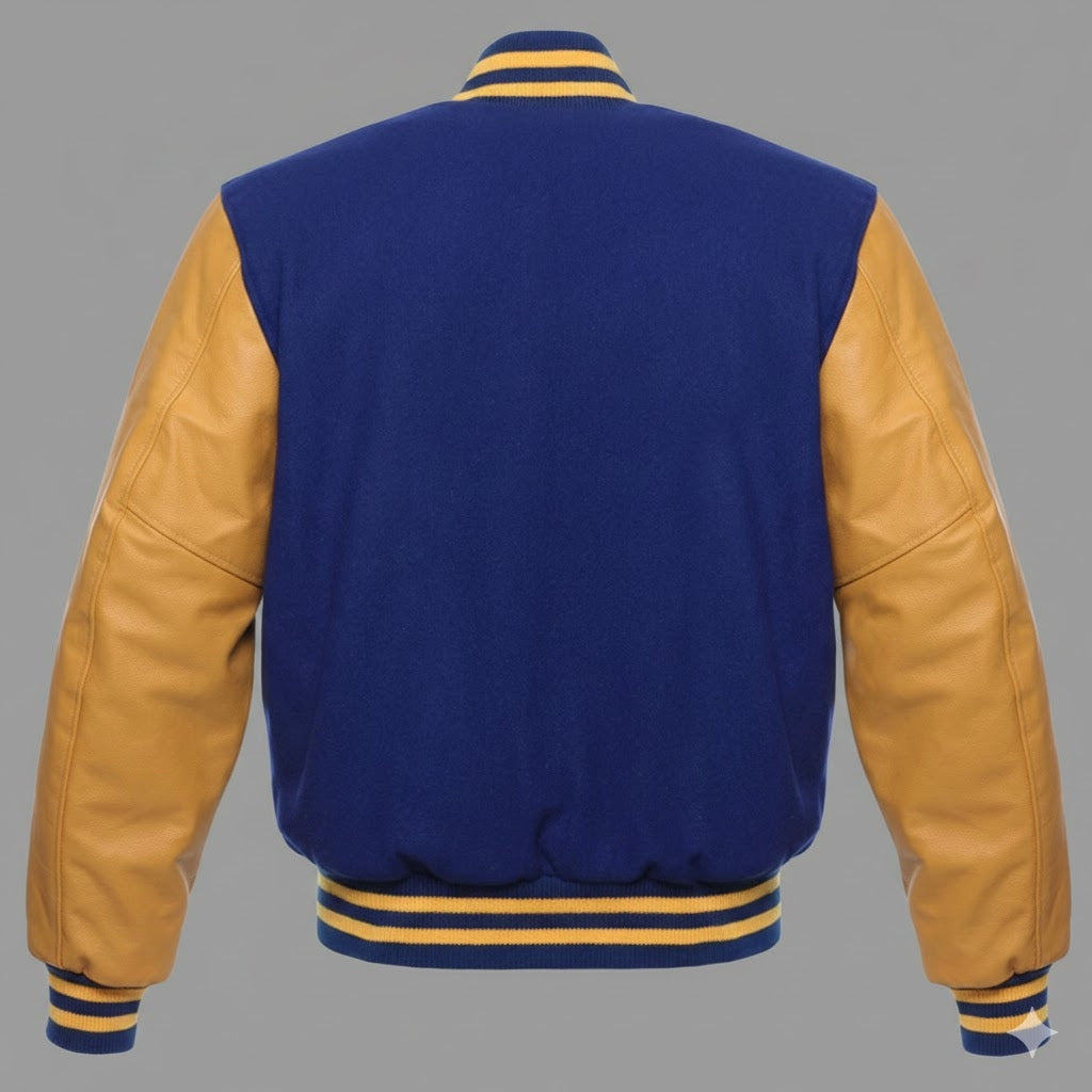 blue body yellow leather sleeves varsity jacket men
