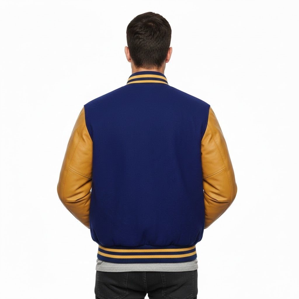 blue body yellow leather sleeves varsity jacket men