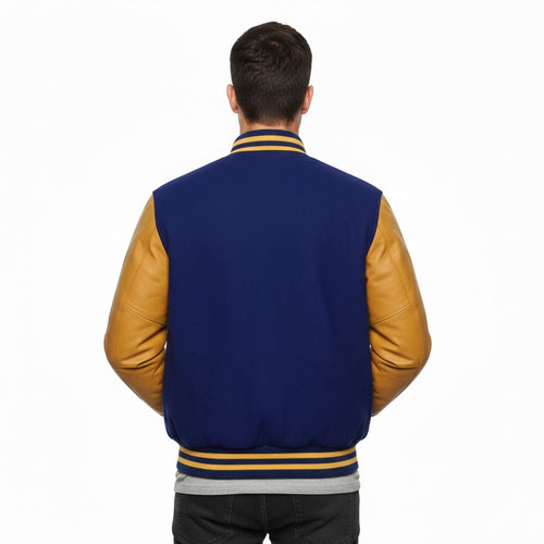 blue body yellow leather sleeves varsity jacket men