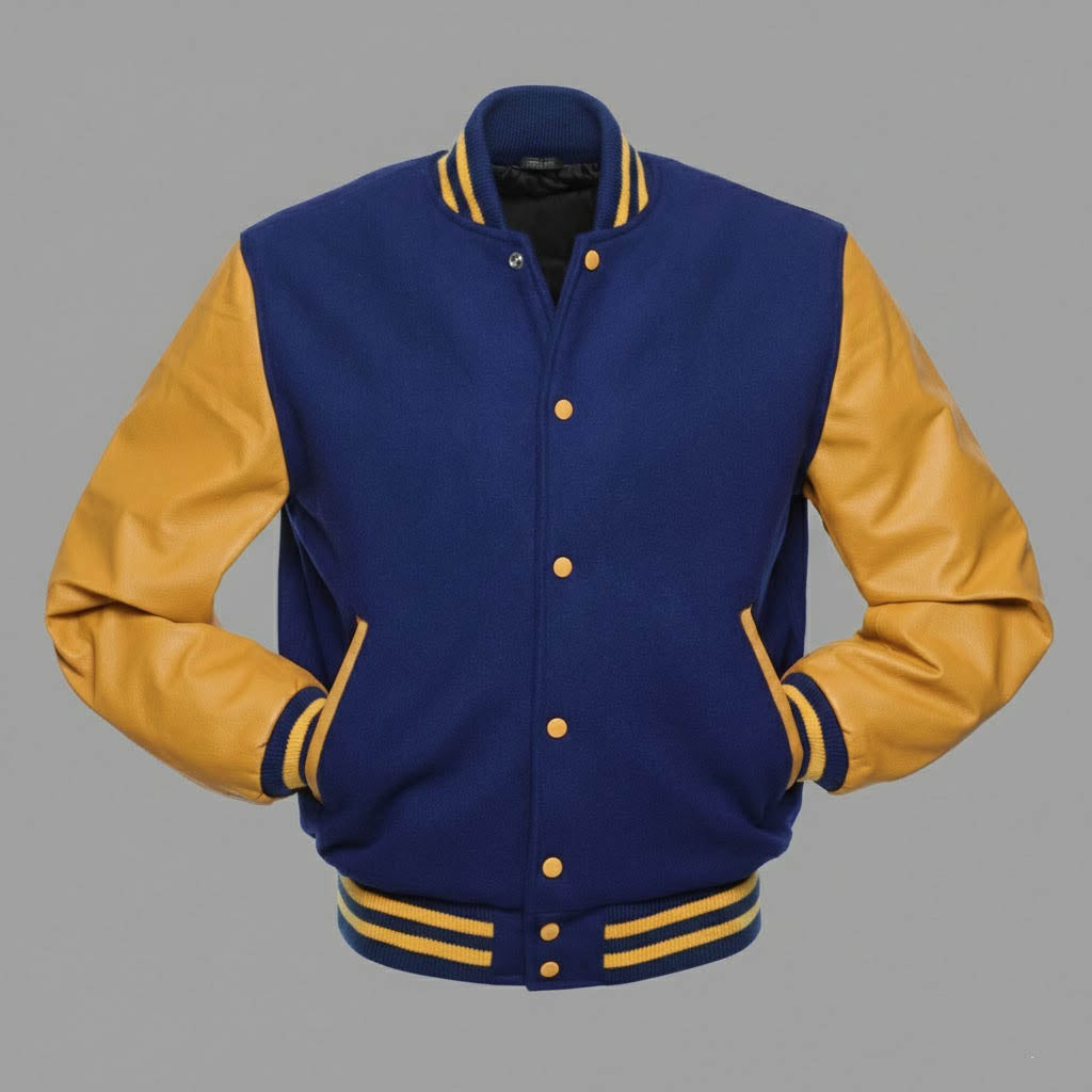 blue body yellow leather sleeves varsity jacket men