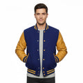 blue body yellow leather sleeves varsity jacket men