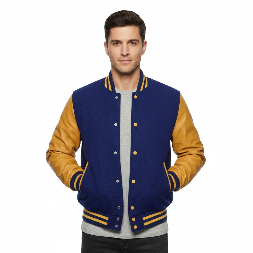 blue body yellow leather sleeves varsity jacket men