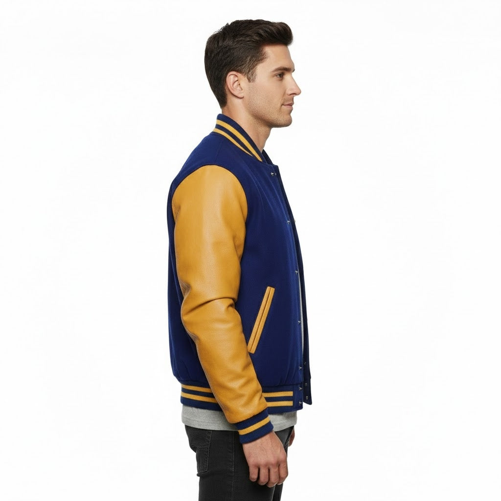blue body yellow leather sleeves varsity jacket men