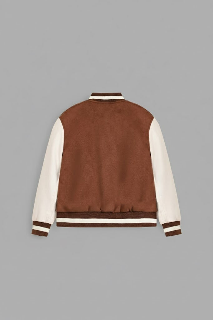 brown body with white leather sleeves varsity womens jacket