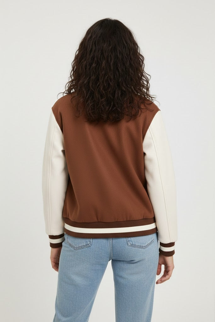 brown body with white leather sleeves varsity womens jacket