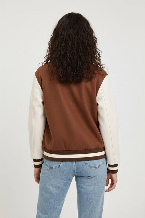 brown body with white leather sleeves varsity womens jacket