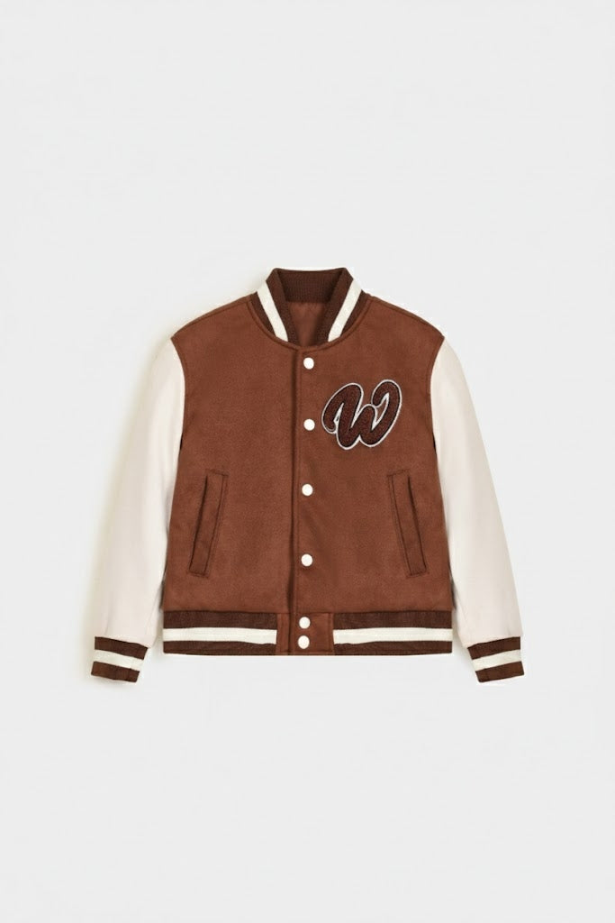 brown body with white leather sleeves varsity womens jacket