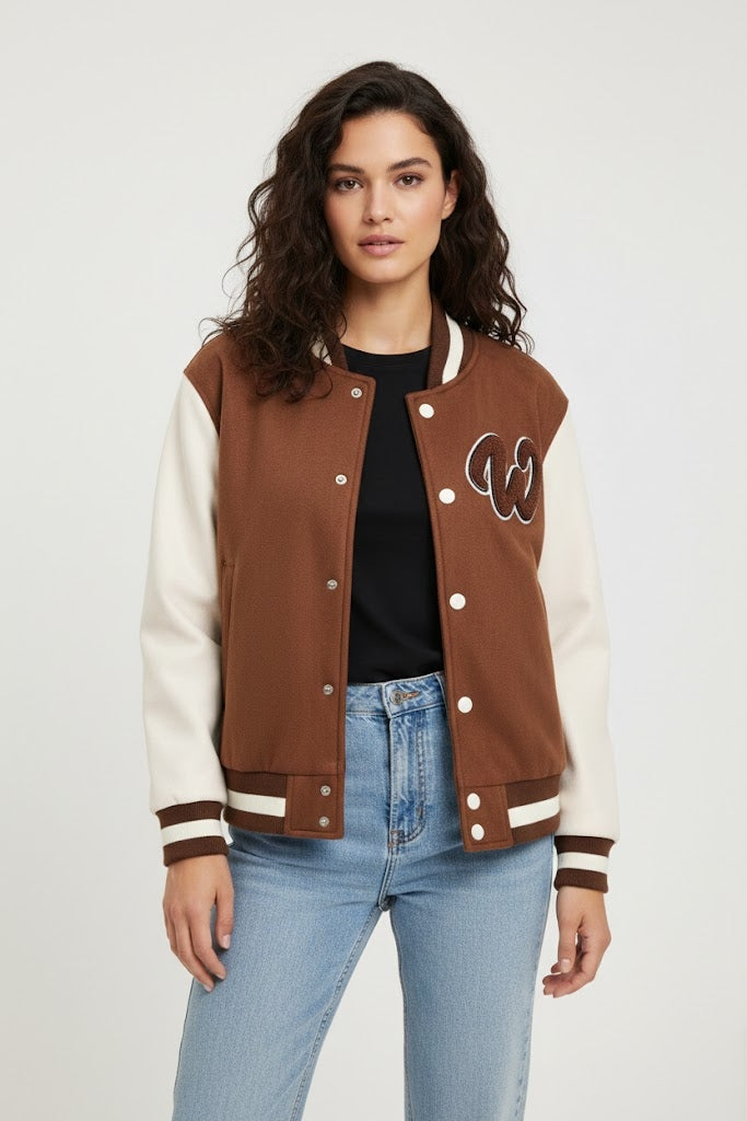 brown body with white leather sleeves varsity womens jacket