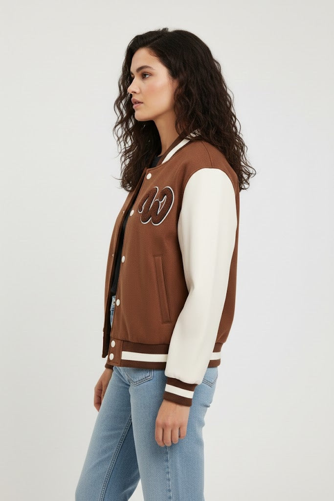 brown body with white leather sleeves varsity womens jacket
