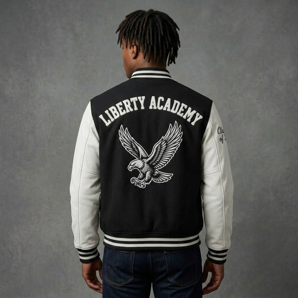 Men’s Black & White Patchwork Varsity Jacket