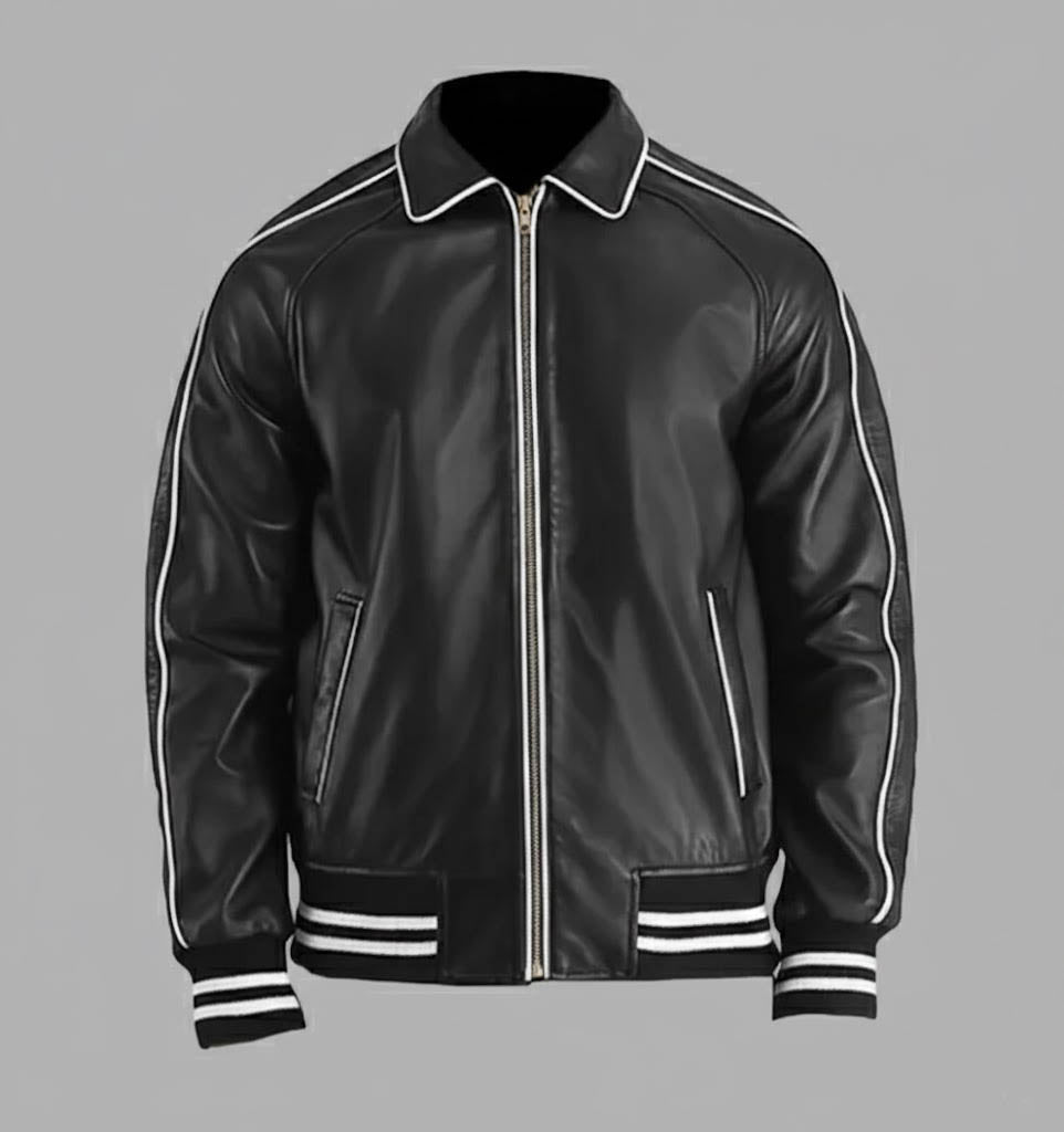 Full Black Leather Varsity Jacket Men