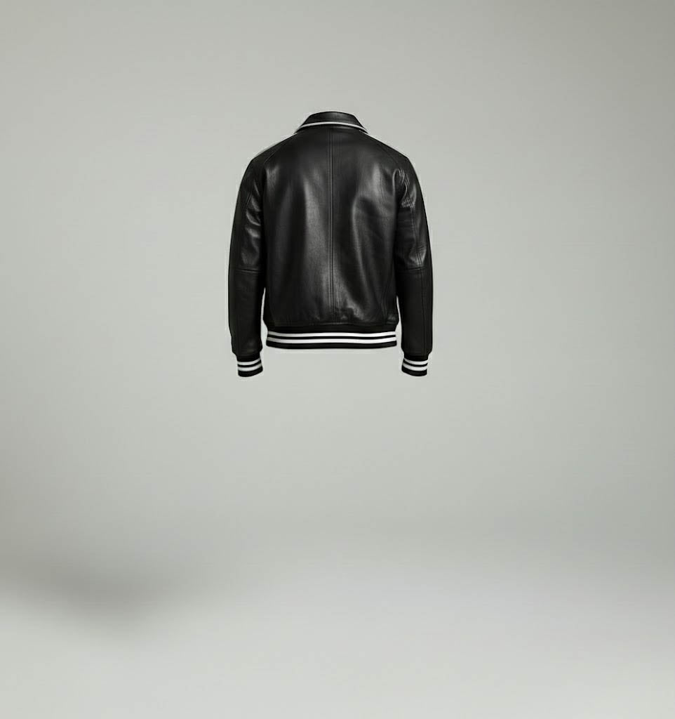 Full Black Leather Varsity Jacket Men
