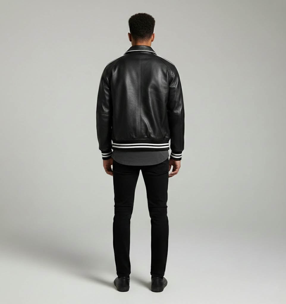 Full Black Leather Varsity Jacket Men