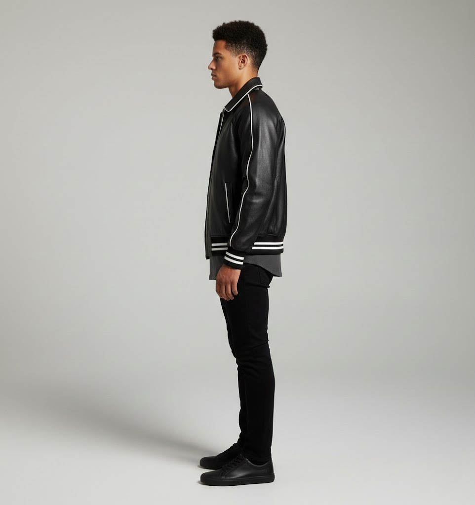Full Black Leather Varsity Jacket Men