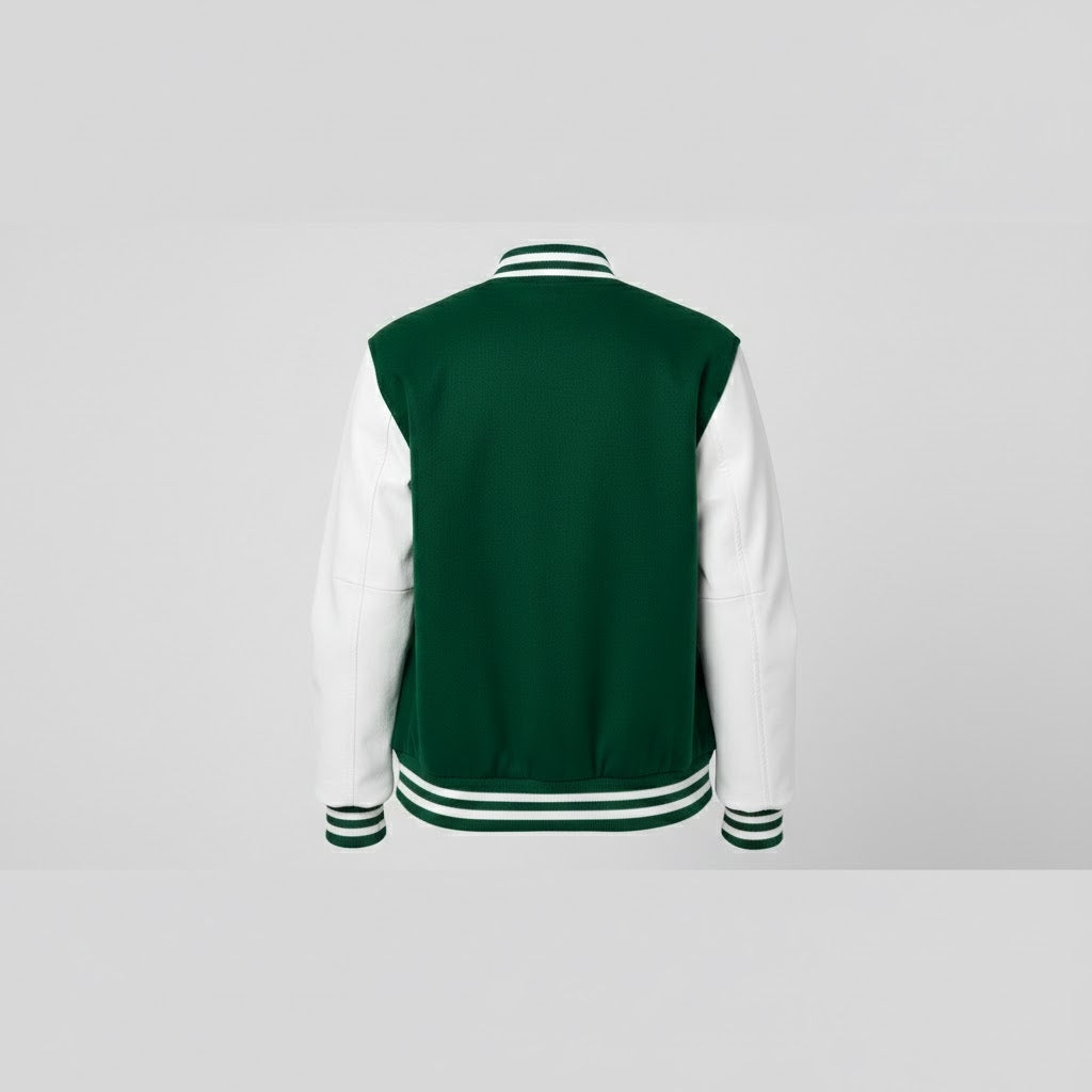 green and white leather varsity womens jacket