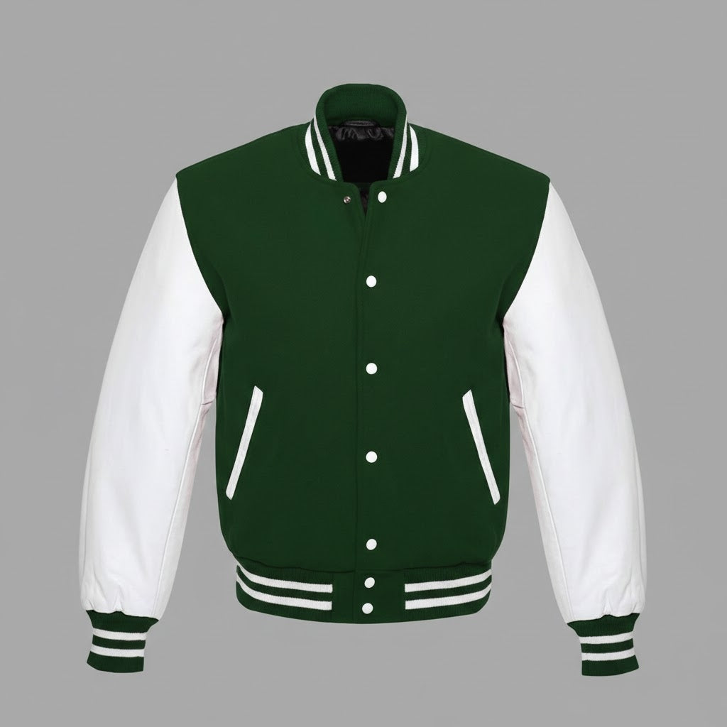 green and white leather varsity womens jacket