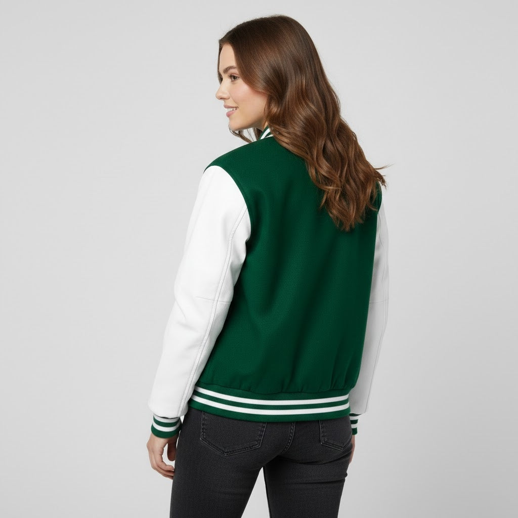 green and white leather varsity womens jacket