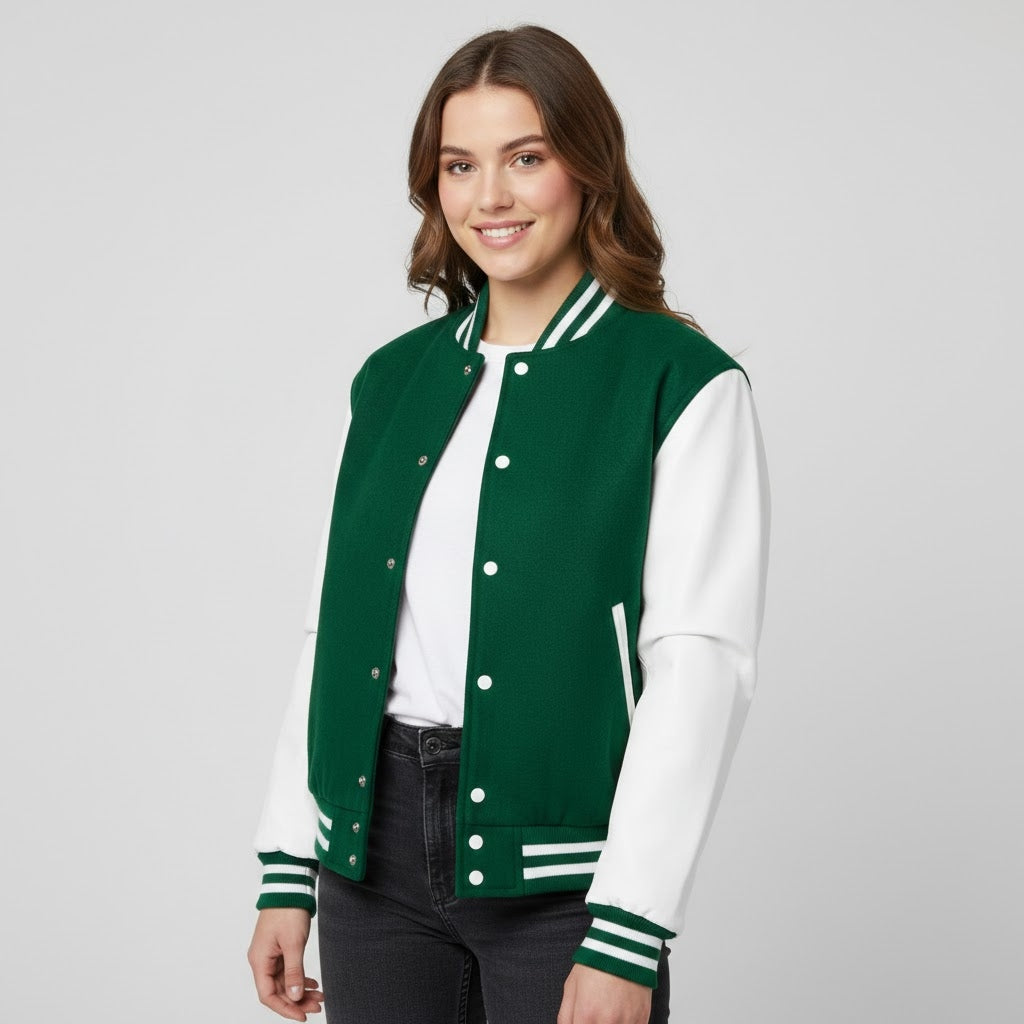 green and white leather varsity womens jacket