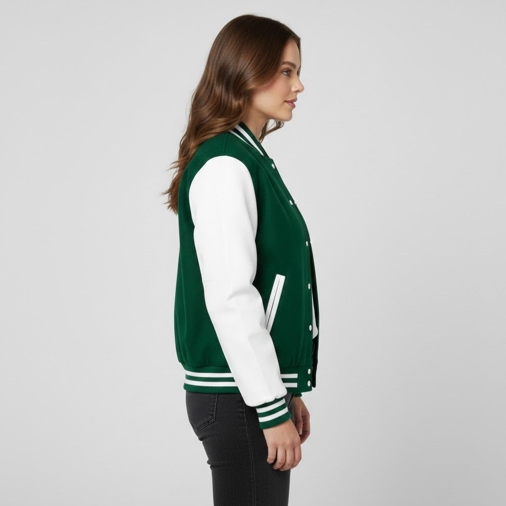 green and white leather varsity womens jacket