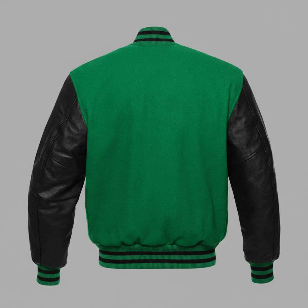 green body black leather sleeves varsity jacket men
