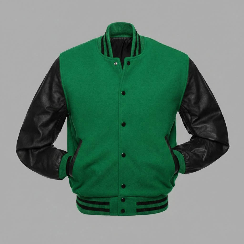 green body black leather sleeves varsity jacket men