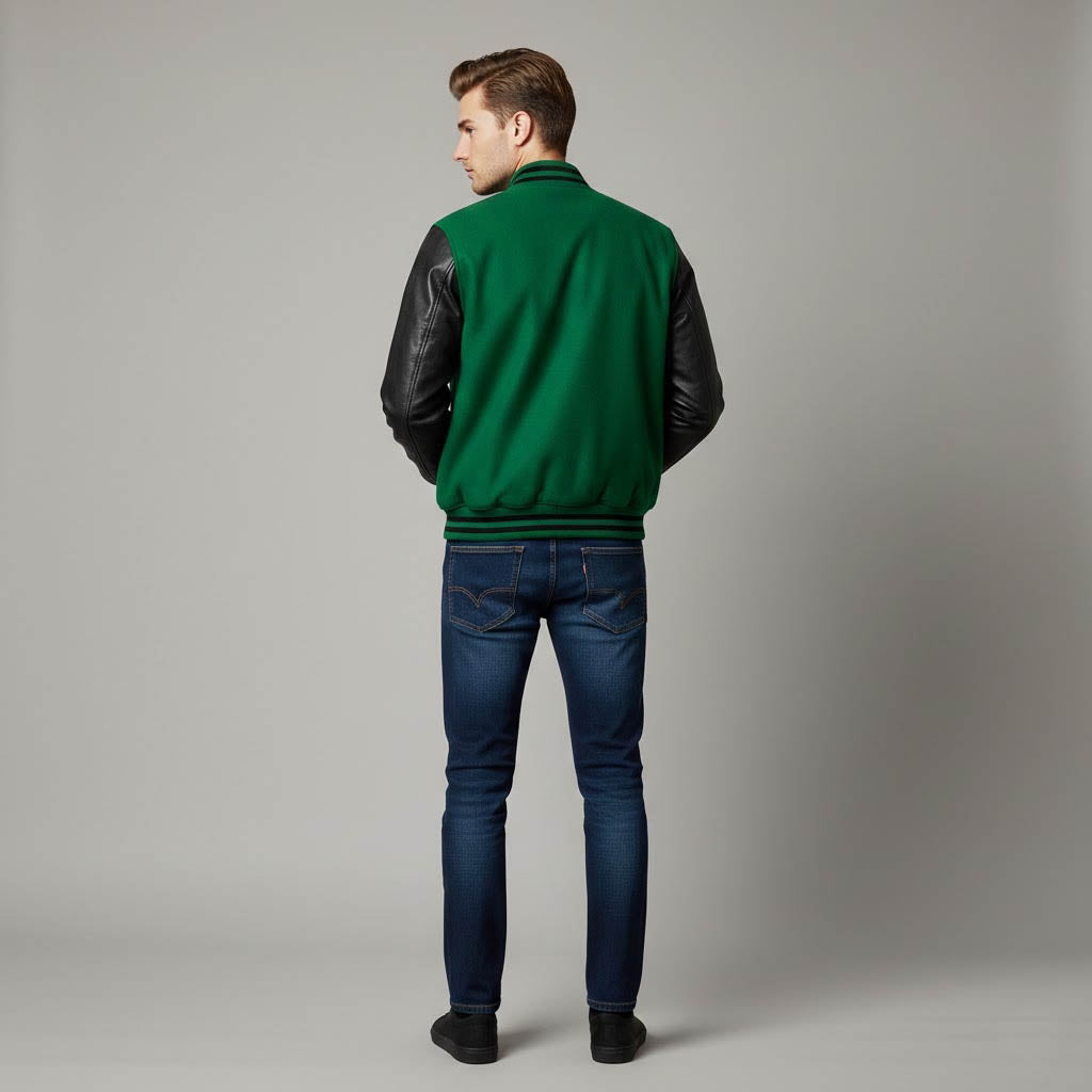 green body black leather sleeves varsity jacket men