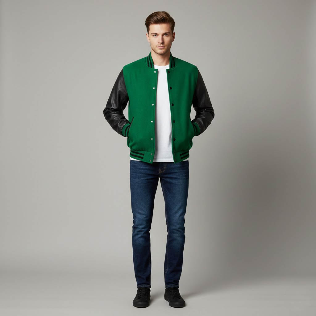 green body black leather sleeves varsity jacket men