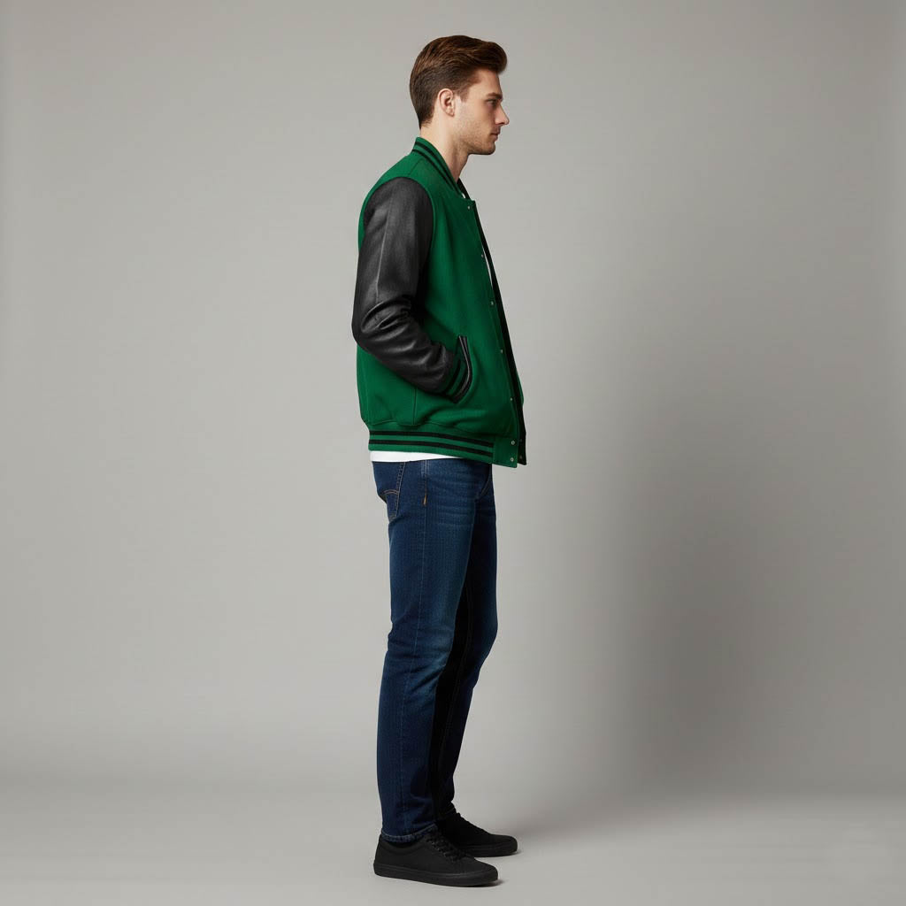 green body black leather sleeves varsity jacket men