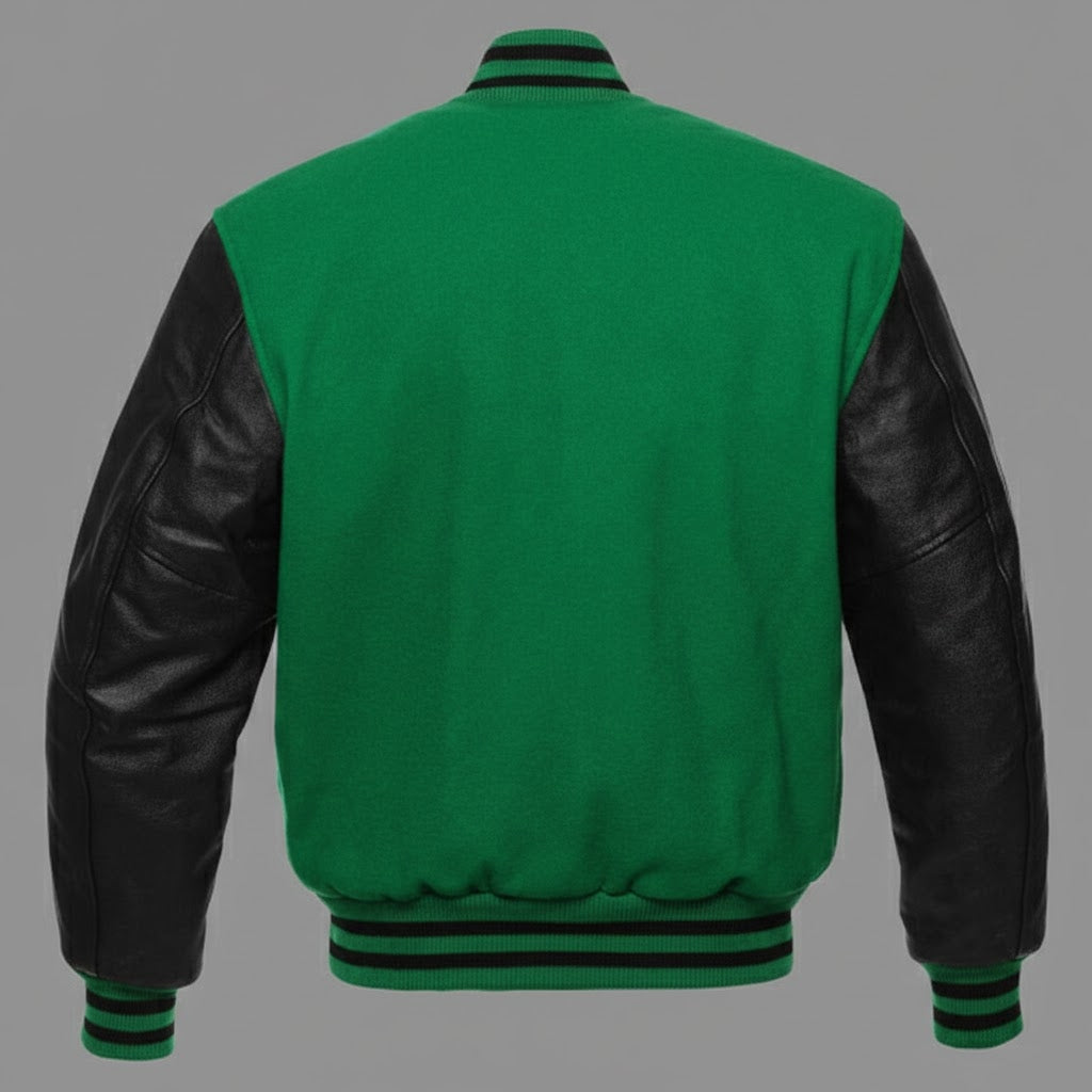 green body with black leather sleeves womens  varsity jacket