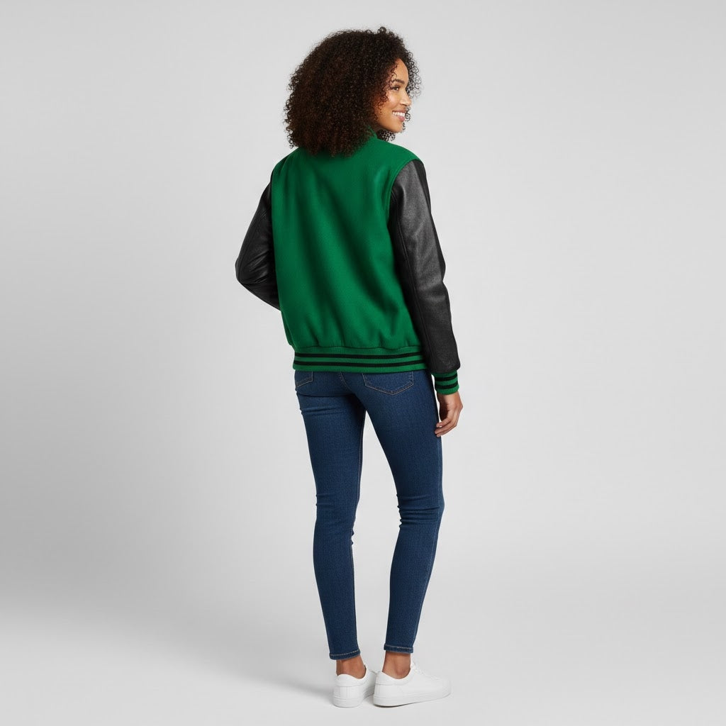 green body with black leather sleeves womens  varsity jacket