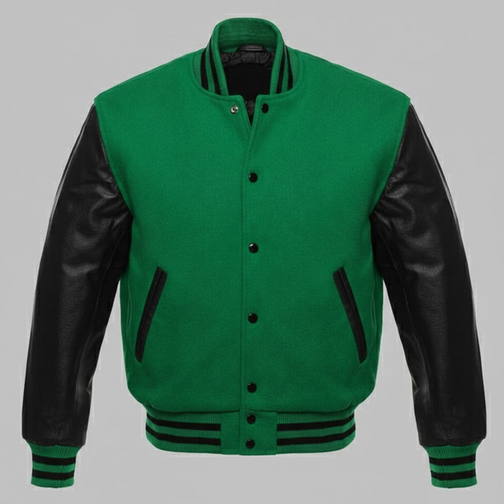 green body with black leather sleeves womens  varsity jacket