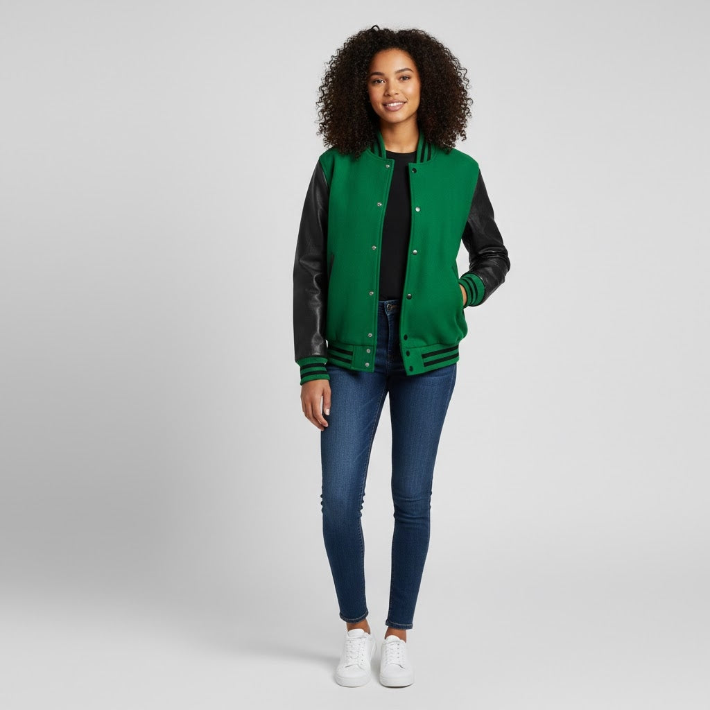 green body with black leather sleeves womens  varsity jacket