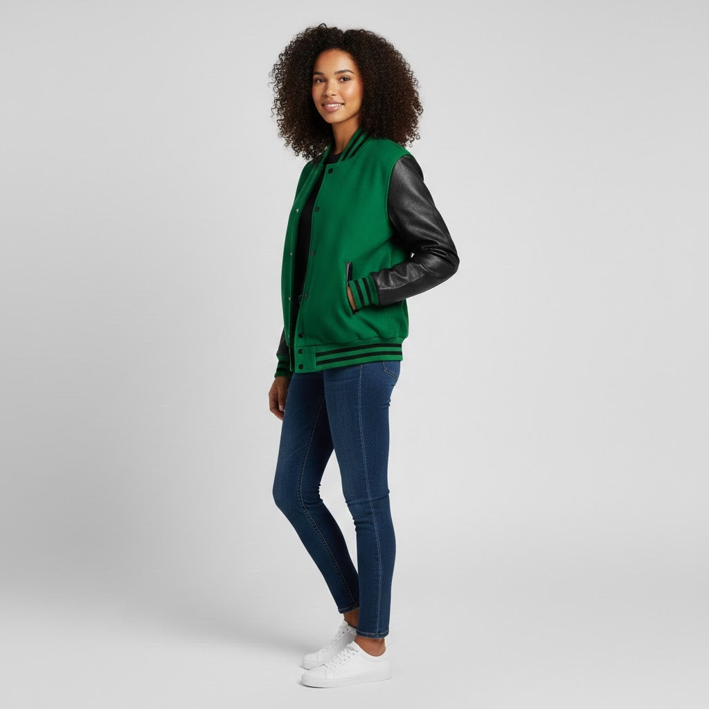 green body with black leather sleeves womens  varsity jacket