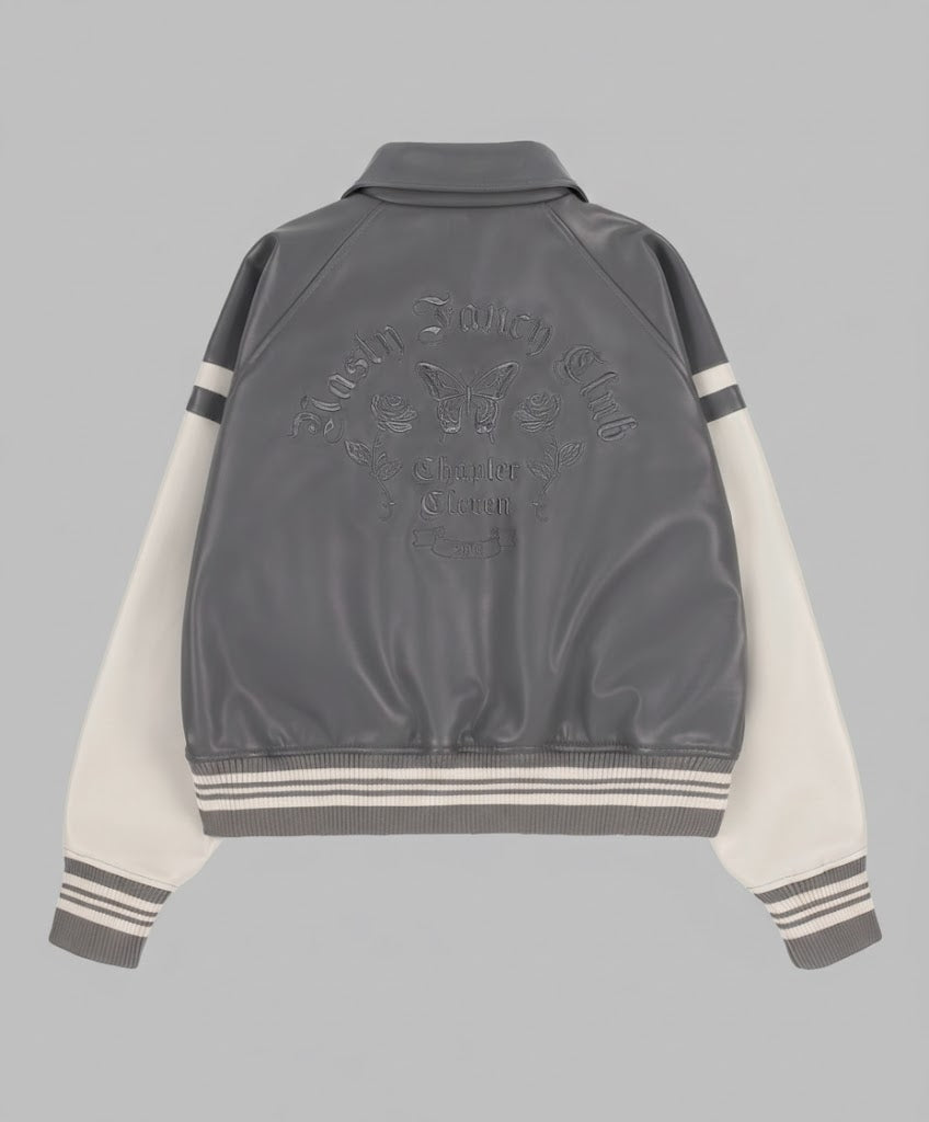 grey body and white sleeves leather varsity womens jacket